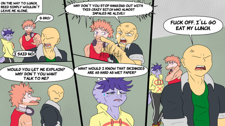 angry anthro bald biped bodily_fluids clothed clothed_female clothed_human clothed_male clothing cross-popping_vein dialogue electronics eyes_mostly_closed facial_horn female frill_(anatomy) frown green_clothing green_shirt green_topwear grey_clothing grey_jacket grey_topwear group hair headphones headphones_around_neck horn jacket looking_aside looking_at_another male markings motion_lines narrowed_eyes open_clothing open_jacket open_topwear pink_body pink_hair profanity purple_body purple_eyes purple_hair sad shirt short_hair speech_bubble spots spotted_markings striped_markings stripes sweat sweatdrop tail talking_to_another text topwear trio yelling fuegosonic93 cavemanon_studios goodbye_volcano_high ko_op_(game_developer) snoot_game anon_(snoot_game) reed_(gvh) trish_(gvh) ceratopsian ceratopsid chasmosaurine dinosaur dromaeosaurid human mammal marginocephalian ornithischian prehistoric_species reptile saurischian scalie theropod triceratops velociraptor 16:9 4k absurd_res colored comic english_text hi_res widescreen