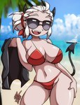 beach bikini black_eyewear black_glasses black_horn black_tail boat breasts clothed clothing eyebrows eyewear female glasses hair hands_on_legs horn not_furry red_bikini red_clothing red_swimwear seaside sharp_teeth swimwear tail teeth tongue two-piece_swimsuit vehicle watercraft white_hair sky_light skylight_(artist) helltaker justice_(helltaker) demon demon_humanoid humanoid colored hi_res spanish_description