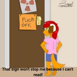 1:1 2022 absurd_res alien anthro arthur_(series) aviarian_wolf bottomwear bovid_horn brown_body brown_fur brown_markings canid canine caprine_horn child clothed clothing d.w._read dialogue digital_media_(artwork) digitigrade door english_text femboy floppy_ears fur green_eyes hair hands_on_hips hanging_sign hazard_symbol hi_res horn humor instruction instruction_on_sign long_hair male mammal markings marsupial meme mounted_sign orange_body orange_fur profanity radiation_symbol ram_horn rear_view red_hair shirt shorts sign solo standing symbol t-shirt text that_sign_wont_stop_me topwear young young_anthro zach_(zer0rebel4) zer0rebel4