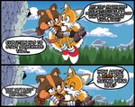 anthro bodily_fluids cliff clothing cloud dialogue duo exclamation_point female male male/female on_model plant redesign sky sweat text thigh_gap thin_calves thin_legs thin_thighs tree blue_archer_(artist) sega sonic_boom sonic_the_hedgehog_(series) miles_prower sticks_the_jungle_badger badger canid canine fox mammal mustelid musteline 2023 colored comic digital_media_(artwork) english_text hi_res