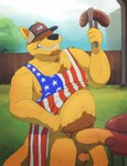 american_flag anthro apron areola ball_tuft balls beard big_penis biped biting_on_toothpick black_nose breaking_the_fourth_wall brown_body brown_fur brown_hair clothed clothing day detailed_background erection facial_hair food foreskin fur furgonomic_headwear furgonomics genitals glans goatee grass grill hair hat headgear headwear humanoid_genitalia humanoid_penis male meat nipples outside partially_clothed partially_retracted_foreskin penis plant pubes sausage sky slightly_chubby smile solo standing tail teeth tongs tools toothpick tree tuft united_states_of_america yellow_body yellow_fur delirost vic_(delirost) bird_dog canid canine canis domestic_dog golden_retriever hunting_dog mammal retriever 2023 digital_media_(artwork) hi_res