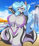 amusement_park anthro big_breasts bikini breasts cleavage clothed clothing female hand_behind_head lipstick makeup navel one-piece_swimsuit outside sling_bikini smile solo sparkles swimwear two-piece_swimsuit water_park mastergodai canid canine fox mammal hi_res