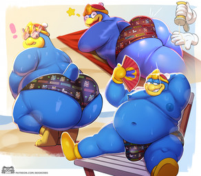 anthro areola beach beach_chair beak bedroom_eyes belly belly_overhang big_belly big_bulge big_butt bikini_thong bodily_fluids boots border bottomwear bubble_butt bulge butt butt_squish clothed clothing crouching day disembodied_hand emanata exclamation_point eyewear footwear gloves grey_border hand_behind_head hand_fan handwear hat headgear headwear holding_object huge_belly huge_butt lens_flare looking_at_viewer looking_back lotion lying male mittens moobs musk musk_cloud narrowed_eyes navel nipples non-mammal_nipples on_front open_mouth open_smile outside overweight overweight_anthro overweight_male pattern_bottomwear pattern_clothing pattern_swimwear sand seaside seductive shoes simple_background sitting smile solo squish star sunglasses sunscreen sweat swimwear teeth text thick_arms thick_thighs topless topless_anthro topless_male towel water el_booki kirby_(series) nintendo king_dedede avian bird penguin 2026 hi_res url watermark