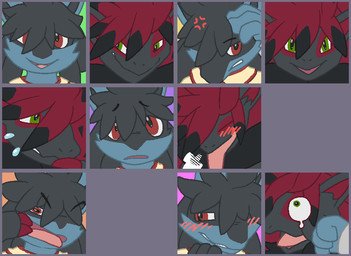 angry annoyed black_body black_fur black_hair blue_body blue_fur blush breath duo fur green_eyes hair hand_on_head looking_at_viewer open_mouth punch red_eyes smile solo_focus tongue tongue_out worried argon_vile nintendo pokemon fan_character felton_(castanean) miryon_(castanean) generation_4_pokemon generation_5_pokemon lucario pokemon_(species) zoroark 2019 aliasing digital_media_(artwork) headshot_portrait multiple_images portrait