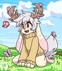 ambiguous_gender antlers blush brown_eyes eyewear fur glasses grass group hair horn kneeling monotone_hair monotone_tail multicolored_body multicolored_ears multicolored_fur open_mouth pawpads pink_body pink_ears pink_fur pink_nose pink_pawpads pink_tongue plant solo_focus tail tongue two_tone_body two_tone_ears two_tone_fur white_hair white_tail yellow_body yellow_ears yellow_fur fleurfurr fleur_(fleurfurr) arthropod butterfly insect jackalope lagomorph lepidopteran mammal 2019 2_frame_animation aliasing animated digital_media_(artwork) watermark