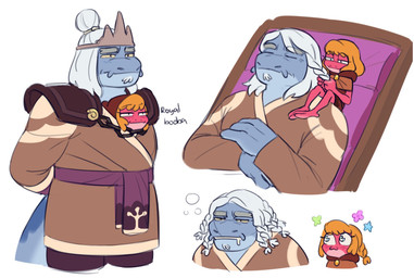 2_toes 4_fingers anthro blue_body blue_skin braided_hair braiding_hair bubble clothing duo eyes_closed facial_hair feet female fingers hair hands_behind_back larger_male male orange_hair personal_grooming pink_body pink_skin royalty size_difference smaller_female styling_hair toes white_hair dashintrash amphibia_(series) disney king_andrias_leviathan leif_plantar amphibian frog newt salamander hi_res