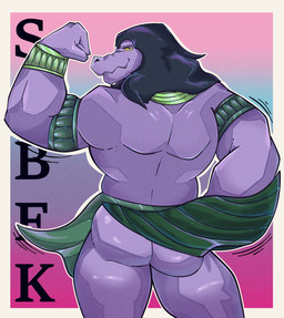accessory anthro armwear back_muscles biceps big_butt big_muscles black_hair bottomwear bracelet butt butt_focus clothed clothing fist flexing gradient_background hair huge_muscles jewelry looking_at_viewer looking_back male muscular muscular_anthro muscular_butt muscular_male nude pecs presenting presenting_hindquarters purple_body raised_bottomwear raised_clothing raised_skirt shendyt simple_background skirt solo yellow_eyes wolfy_eduard egyptian_mythology middle_eastern_mythology mythology the_cluefinders sobek sobek_(the_cluefinders) crocodile crocodilian deity reptile scalie absurd_res digital_media_(artwork) hi_res