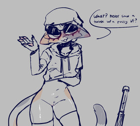andromorph anthro beanie bedroom_eyes bodily_fluids clothing crossgender eyebrows fta_crossgender fti_crossgender fur genital_fluids genitals hand_on_chest hat headgear headwear intersex legwear multicolored_body multicolored_fur narrowed_eyes raised_eyebrow seductive smug solo speech_bubble tail teasing text thigh_highs undressing vulva weapon fentynyal epic_games fortnite meow_skulls calico_cat domestic_cat felid feline felis mammal english_text sketch trans_(lore) trans_man_(lore)