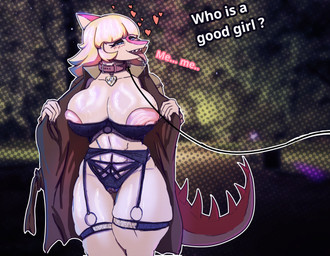 abs anthro areola aroused big_areola big_breasts biped blonde_hair blush blush_lines bodily_fluids bone_frill bra breasts brown_clothing brown_coat brown_topwear clothed clothing coat collar detailed_background dialogue dog_tags dripping female fingers frill_(anatomy) front_view garter_belt garter_straps genital_piercing genitals glistening glistening_breasts good_girl hair heart_symbol humanoid_genitalia humanoid_hands humanoid_vulva leash leashed_collar lingerie long_hair navel night nipples non-mammal_breasts non-mammal_navel non-mammal_nipples offscreen_character open_clothing open_coat open_mouth open_topwear outdoor_nudity outline panties pantsless_anthro pantsless_female park partially_clothed_anthro partially_clothed_female piercing pink_body plant praise purple_bra purple_clothing purple_panties purple_underwear ring_piercing saliva saliva_drip saliva_on_tongue shelf_bra shirtless_anthro shirtless_female skimpy solo spiked_tail spikes spikes_(anatomy) standing tail talking_to_another text thick_thighs tongue tongue_out topwear tree underwear vulva vulva_piercing vulva_ring white_outline eddodoodle cavemanon_studios i_wani_hug_that_gator mia_moretti dinosaur hadrosaurid ornithischian ornithopod parasaurolophus prehistoric_species reptile scalie absurd_res colored english_text hi_res huge_filesize portrait shaded three-quarter_portrait
