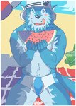 anthro beach blue_body blue_fur blush bulge clothing eating food fruit fur hat headgear headwear male melon nipples outside plant seaside solo swimwear tongue tongue_out tropical watermelon watermelon_slice beaugilliam beau_(bo-gilliam) canid canine canis domestic_dog mammal 2007