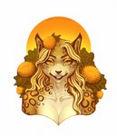 accessory anthro blonde_hair curled_hair ear_tuft felid feline female flower flower_in_hair fur hair hair_accessory hi_res looking_at_viewer lynx mammal plant portrait road~abelgeym solo tassels tuft yellow_body yellow_eyes yellow_fur