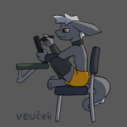 anthro bottomwear clothing collar drawing_(action) drawing_tablet furniture grey_body legwear long_ears male shorts solo stockings table tail veucek ambiguous_species animated low_res
