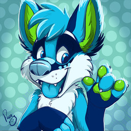 anthro blue_body blue_eyes blue_fur blue_hair blue_nose dotted_background fingerpads front_view fur glistening glistening_eyes green_pawpads hair logo looking_at_viewer male nude open_mouth open_smile pattern_background pawpads short_hair simple_background smile solo white_body white_fur young young_anthro young_male pandapaco canid canine mammal 1:1 artist_logo bust_portrait portrait signature