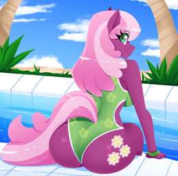 anthro black_eyeliner cutie_mark eye_through_hair eyelashes eyeliner female green_eyes hair looking_at_viewer looking_back makeup multicolored_hair palm_tree pink_hair plant purple_body sand solo swimming_pool swimsuit_only translucent translucent_hair tree two_tone_hair two_tone_tail water wristband xan-gelx friendship_is_magic hasbro my_little_pony cheerilee_(mlp) earth_pony equid equine horse mammal pony 2026 hi_res