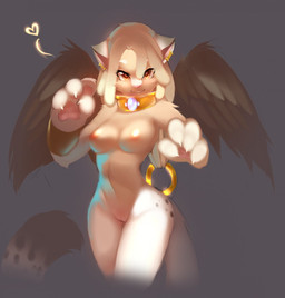 4_fingers anthro biped breasts cat_tail claws collar dialogue dreadlocks ear_piercing ears_down feathered_wings feathers female fingers fur genitals grey_background hair heart_symbol jewelry looking_at_viewer navel nipples nude paws piercing pink_nose pivoted_ears red_eyes simple_background smile solo spots tail text vulva white_body white_fur white_hair wings kanel mythology opal_(ashnar) felid mammal mythological_creature mythological_sphinx 2012 digital_media_(artwork) hi_res pictographics portrait three-quarter_portrait