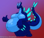 anthro belly big_belly big_breasts blue_body breasts female markings navel pregnant pregnant_anthro pregnant_female simple_background solo spikes tail text arceus_tummy nintendo pokemon nikostargazer generation_2_pokemon legendary_pokemon lugia pokemon_(species) digital_media_(artwork) english_text hi_res