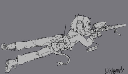 ambiguous_gender anthro clothed clothed_ambiguous clothed_anthro clothing electronics footwear fully_clothed fully_clothed_ambiguous fully_clothed_anthro grey_background hair headphones holding_sniper_rifle lying military_uniform on_front shoes simple_background solo uniform bravobunny felid feline mammal full-length_portrait greyscale hi_res monochrome portrait sketch