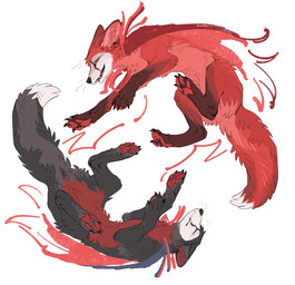 ambiguous_gender black_body black_fur black_nose duo empty_eyes eyes_closed feral fluffy fluffy_tail fur inner_ear_fluff mouth_closed open_mouth pawpads paws red_body red_eyes red_fur sharp_teeth tail teeth tongue tuft aaasakawa hollow_knight_(franchise) team_cherry grimm_(hollow_knight) nightmare_king_grimm_(hollow_knight) felid feline mammal 2026 hi_res