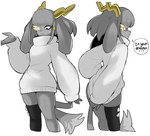 2_horns anthro antlers asymmetrical_clothing big_ears black_clothing black_legwear black_thigh_highs butt closed_frown clothed clothed_anthro clothed_male clothing covering covering_butt covering_self ellipsis embarrassed embarrassed_male floppy_ears frown frowning_at_viewer fur glistening glistening_antlers glowing glowing_eyes grey_body grey_fur grey_hair hair head_horn heterochromia horn legwear long_ears lop_ears male male_anthro mouth_closed oversized_clothing oversized_sweater oversized_topwear short_snout simple_background skinny_anthro skinny_male small_waist solo standing sweater tail tail_tuft text thigh_highs topwear tuft turning_around white_background white_clothing white_sweater white_topwear wide_hipped_anthro wide_hipped_male yellow_antlers dizzyspellss pseudoregalia sylas_(dizzyspellss) bovid caprine domestic_cat felid feline felis goat lagomorph leporid mammal rabbit 2025 digital_drawing_(artwork) digital_media_(artwork) english_description english_text hi_res portrait sequence shaded soft_shading three-quarter_portrait