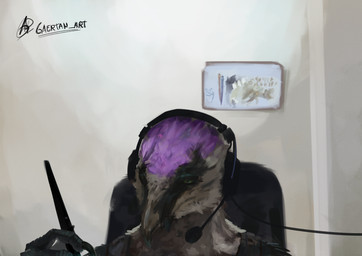 drawing_pen dyed_feathers electronics feather_tuft feathers headgear headphones headset headset_microphone holding_object looking_down sitting tuft gaertan accipitrid accipitriform avian bearded_vulture bird old_world_vulture vulture digital_drawing_(artwork) digital_media_(artwork) digital_painting_(artwork) hi_res painting_(artwork) portrait