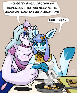 accessory anthro appliance big_breasts blue_body blue_sclera blush blush_lines bow_ribbon breasts clothing collar cooking cookware crop_top dialogue duo ear_piercing ear_ring female flustered frying_pan fungus gloves_(marking) gold_(metal) gold_ear_ring hair hair_accessory hair_bow hair_ribbon holding_object holding_spatula holding_tool humanoid_hands industrial_piercing kitchen_appliance kitchen_utensils long_hair looking_at_breasts markings moon_ball mushroom oven piercing pink_body pokeball pokeball_collar ribbons ring_piercing shirt spatula speech_bubble tail talking_to_another teal_hair text tools topwear wearing_collar gothycollie nintendo pokemon amii_(gothycollie) rhea_(gothycollie) eeveelution generation_4_pokemon generation_7_pokemon glaceon pokemon_(species) primarina 2026 digital_drawing_(artwork) digital_media_(artwork) english_description english_text hi_res nonbinary_(lore)