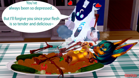anthro apple apple_in_mouth bone cannibalism character_prepared_as_food cutlery death dolcett duo female female/female food forced fork fruit furniture gore kitchen_utensils knife limbless lying nipples on_back on_table pineapple_slice plant plate roasted speech_bubble steam steaming_body table tools vegetable il00 league_of_legends riot_games tencent kindred_(lol) lamb_(lol) vex_(lol) 16:9 3d_(artwork) digital_media_(artwork) hi_res widescreen