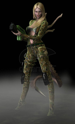 black_background blonde_hair bra claws clothing female gun hair looking_at_viewer ranged_weapon simple_background solo underwear weapon yunners alien_(franchise) alien human hybrid mammal xenomorph 2014 3d_(artwork) digital_media_(artwork) source_request unavailable_at_source