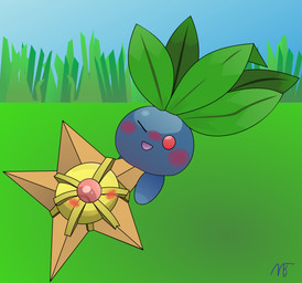 ambiguous_gender blush blush_lines body_blush crotch_blush duo featureless_crotch grass grass_field grinding humping looking_pleasured no_genitals one_eye_closed plant red_eyes sex sky smile vector_art wince thespycrab nintendo pokemon generation_1_pokemon oddish pokemon_(species) staryu absurd_res digital_media_(artwork) hi_res inkscape_(artwork) signature