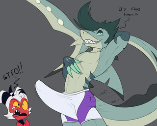 abs angry annoyed anthro aroused balls big_balls big_bulge big_penis big_tail bottomwear bow_tie bulge clothed clothing detailed_bulge dialogue duo erection genitals gesture glowing glowing_eyes grin grinding grinning_at_viewer gtfo hair half-closed_eyes hand_behind_head hand_on_abs hand_on_belly hand_on_chest head_tuft hips_forward huge_balls huge_bulge huge_penis humping hyper hyper_genitalia hyper_penis inviting inviting_to_anal inviting_to_oral inviting_to_sex inviting_viewer looking_at_viewer looking_pleasured male muscular narrowed_eyes offering_sex offering_to_viewer pelvic_thrust penis pose presenting revealing_outfit seductive shorts skimpy smile smiling_at_viewer solo_focus suggestive suggestive_gesture suggestive_pose sultry_gaze tail talking_to_viewer tenting thrust_lines thrusting tight_bottomwear tight_bulges tight_clothing tight_shorts tight_underwear toothy_grin tuft underwear conditional_dnp samagthrav2 hellaverse helluva_boss chazwick_thurman moxxie_(helluva_boss) aquatic fish imp shark 5:4 absurd_res hi_res pinup