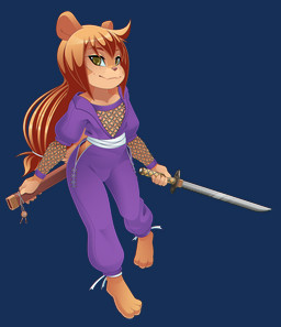anthro areola barefoot biped brown_body brown_eyes brown_hair closed_smile clothed clothing cosplay countershade_face countershade_torso countershading eyebrows feet female flat_chested freckled_face freckles front_view hair holding_melee_weapon holding_object holding_sword holding_weapon long_hair melee_weapon mouth_closed nipples purple_clothing smile solo standing sword tan_body tan_countershading weapon young young_anthro young_female b-ern rocketgirl mammal rodent sciurid tree_squirrel 2025 alpha_channel character_request hi_res