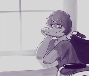 anthro disability female freckles hair inside looking_at_viewer paraplegic short_hair sitting smile snout solo vehicle wheelchair teelokay cavemanon_studios i_wani_hug_that_gator olivia_halford baryonyx dinosaur prehistoric_species reptile scalie spinosaurid theropod 2024 black_and_white monochrome sketch