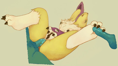 3_fingers 3_toes anal anal_penetration anthro armwear black_nipples black_vulva blue_penis bodily_fluids bridal_gauntlets circumcised circumcision_scar claws clitoral_hood clothing drooling feet female finger_claws fingers foot_fetish foot_play footjob genital_scar genitals group looking_up male male/female nipples paws penetration penile penis pubes saliva scar sex soles spread_legs spreading toe_claws toes tongue tongue_out trio vulva yin_yang lanolin04 bandai_namco digimon digimon_(species) renamon hi_res