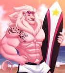 anthro arm_hair arm_tattoo beach body_hair bottomwear chest_hair chest_tattoo clothing detailed_background eyewear fur hair hairy male mane muscular muscular_anthro muscular_male nipples outside pink_body pink_fur seaside sky solo sunglasses surfboard swimwear tattoo thediyemi cartoon_network steven_universe lion_(steven_universe) felid lion mammal pantherine 2021 hi_res