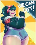 anthro bangs big_breasts blush breasts clothing eyes_closed fangs female fingerless_gloves gloves hair handwear headgear headwear muscular muscular_anthro muscular_female open_mouth overalls pokemorph slightly_chubby smile solo tattoo teeth text thick_thighs wide_hips damianvertigo nintendo pokemon beverley_(damianvertigo) generation_1_pokemon mammal pokemon_(species) snorlax 4:5 english_text hi_res