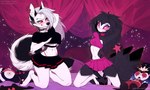 anthro black_clothing bottomwear breasts clothed clothing collar curvy_figure duo ear_piercing ear_ring exposure_variation eyebrow_piercing eyebrow_ring facial_piercing feathers female front_view fur grey_body grey_fur grey_hair hair hourglass_figure kneeling long_hair looking_at_viewer notched_ear piercing pink_clothing pink_sclera plushie red_sclera ring_piercing skirt small_waist spiked_collar spikes spread_legs spreading tail thong_straps topwear white_body white_eyes white_fur wide_hips iskra helluva_boss mythology blitzo_(helluva_boss) loona_(helluva_boss) octavia_(helluva_boss) stolas_(helluva_boss) avian bird canid canid_demon canine demon hellhound mammal mythological_canine mythological_creature owl owl_demon 2024 5:3 digital_media_(artwork)