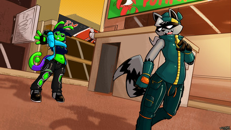 antennae_(anatomy) anthro black_body black_bottomwear black_clothing black_eyes black_footwear black_fur black_nose black_pants black_sclera black_shoes blue_clothing blue_jacket blue_topwear bottomwear clothed clothing duo facial_markings female fingerless_gloves footwear fur gloves green_antennae green_body green_bottomwear green_clothing green_gloves green_handwear green_pants green_topwear green_vest grey_body grey_fur grey_hair hair handwear head_markings jacket looking_at_another looking_back male markings mask_(marking) midriff open_clothing open_jacket open_topwear outside pants ponytail purple_body raised_hand shadow sharp_teeth shoes smile smirk teeth topwear torn_bottomwear torn_clothing torn_pants vest white_eyes zipper felino dj_ampie_(felino) potyra_(felino) trick_(tricktrashing) alien mammal procyonid raccoon 2025 hi_res
