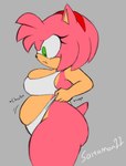 anthro belly big_breasts big_butt bra breasts butt clothed clothing clothing_pull female green_eyes panties slightly_chubby solo tail thick_thighs training_bra underwear underwear_only underwear_pull white_bra white_clothing white_panties white_underwear saiyaman22 sega sonic_the_hedgehog_(series) amy_rose eulipotyphlan hedgehog mammal 2024 artist_name hi_res