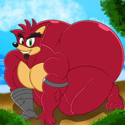 anthro beach big_butt butt eyebrows green_eyes huge_butt hyper hyper_butt male metal_arm muscular muscular_anthro muscular_male nude red_body robotic_arm smile smiling_at_viewer solo ashenthebeast activision crash_bandicoot_(series) crunch_bandicoot bandicoot mammal marsupial 1:1 hi_res
