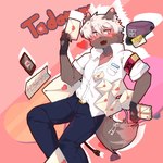 anthro blush bottomwear brown_body brown_fur clothing fingerless_gloves fur gloves hair handwear mail male pants shirt solo topwear white_hair tandong820 lifewonders tokyo_afterschool_summoners tadatomo_(tas) canid canine canis domestic_dog mammal 1:1 2023 hi_res