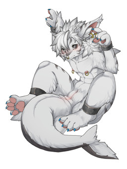 4_toes abs animal_genitalia anthro athletic bdsm black_eyes blush cuff_(restraint) ear_piercing ear_ring facial_piercing feet fur genital_slit genitals hair handpaw hands_above_head kemono male mouth_closed nipple_piercing nipple_ring nipples nose_piercing nose_ring pawpads paws piercing pink_nipples pink_pawpads restraints ring_piercing shackles sitting slave solo toes white_body white_hair kosian aquatic fish hybrid shark absurd_res hi_res