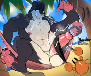 4_toes abs anthro areola arm_tattoo balls beach beverage_can biceps big_penis black_body black_claws black_fur black_hair black_towel can claws confusion container crushing_object drying ears_up erection erection_under_towel exclamation_point eyebrow_piercing facial_piercing feet flabbergasted fur genitals glistening glistening_body glistening_genitalia glistening_penis green_eyes hair hammock holding_object humanoid_genitalia humanoid_penis jock looking_down male male_anthro muscular muscular_anthro muscular_male navel neck_tuft nipples nude nude_anthro nude_beach nude_male outside palm_tree pawpads paws penis piercing plant polishing sand seaside sitting solo spread_legs spreading summer surprised tail tattoo teeth tense toes towel tree tuft water bluevelo kotarocat arthropod crab crustacean decapod domestic_cat felid feline felis malacostracan mammal 2025 digital_drawing_(artwork) digital_media_(artwork) english_description full-length_portrait portrait story story_in_description watermark
