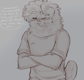 afro anthro bandage bandage_on_face blush bruised bruised_eye clothing crossed_arms eyes_closed floppy_ears grimace male nub_tail open_mouth shirt solo talking_to_another text topwear young cerberussenn rj_holiday_(cerberussenn) canid canine canis domestic_dog livestock_guardian_dog mammal molosser mountain_dog pastoral_dog tibetan_mountain_dog english_text