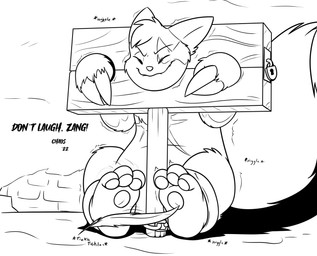 3_toes anthro duo eyes_closed feet fluffy fluffy_tail foot_fetish fur fur_tuft head_tuft lock loose_feather pawpads restrained restraints sitting smile stocks tail text tickle_fetish tickle_torture tickling tickling_feet toes trying_not_to_laugh tuft chaos99 nintendo pokemon generation_3_pokemon pokemon_(species) zangoose 2022 english_text hi_res monochrome