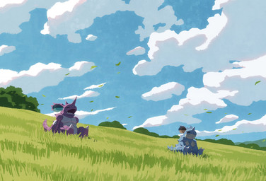 blue_body claws cloud detailed_background duo eyes_closed feet female field grass horn landscape male mouth_closed open_mouth outside plant purple_body sitting sky soles toe_claws tree wind yawn hyogonosuke nintendo pokemon generation_1_pokemon nidoking nidoqueen pokemon_(species) colored digital_media_(artwork) hi_res shaded