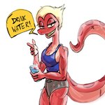 anthro beverage blonde_hair bottomwear clothing container cup female hair red_body red_skin shirt shorts solo tank_top topwear water thedarkzircon amphibia_(series) disney general_yunan amphibian newt salamander 1:1 2021