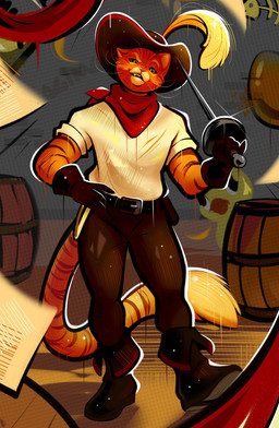 alternative_fashion anthro anthrofied barrel belt boots bottomwear clothed clothing floor footwear front_view fully_clothed fur fuzzy glistening glistening_weapon gloves green_eyes half-closed_eyes hand_on_hip handwear hat head_tilt headgear headwear holding_object holding_weapon inside kerchief long_tail looking_at_viewer male melee_weapon narrowed_eyes neckerchief neckwear one_ear_up open_mouth open_smile orange_body orange_fur pants paper pose rapier red_kerchief red_neckerchief shirt shoes smile solo standing stylized sword tail teeth thick_lineart thick_lines tight_clothing topwear wall_(structure) weapon whiskers white_clothing white_shirt white_topwear agimasz dreamworks puss_in_boots_(franchise) puss_in_boots_(dreamworks) domestic_cat felid feline felis mammal tabby_cat hi_res