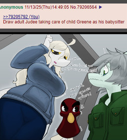 abstract_background age_difference ahoge anthro big_breasts black_eyes blonde_hair blue_clothing blue_hoodie blue_topwear blush blush_lines breasts clothing curvy_figure dialogue doorway duo female freckled_face freckled_tail freckles green_clothing green_eyes green_jacket green_topwear grey_body grey_hair grey_scales hair hand_puppet hoodie jacket long_hair long_tail looking_at_breasts male military_jacket motion_lines older_female scales short_hair snout tail text thick_thighs topwear voluptuous voluptuous_anthro voluptuous_female yellow_sclera young young_anthro young_male younger_male chervyarts 4chan cavemanon_studios puppet_pals snoot_game green_(snoot_game) judee dinosaur prehistoric_species pterosaur reptile saurischian scalie theropod troodon troodontid 2025 digital_drawing_(artwork) digital_media_(artwork) english_text