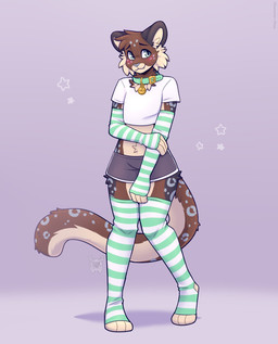 anthro armwear black_bottomwear black_clothing black_markings black_shorts blush bottomwear brown_body brown_fur cartoon_freckles cheek_tuft clothing collar crop_top facial_tuft fur green_collar green_eyes grey_markings head_tuft legwear looking_away male markings multicolored_body multicolored_fur pattern_armwear pattern_clothing pattern_legwear pattern_stockings paws shirt shorts shy solo spots spotted_markings stockings striped_armwear striped_clothing striped_legwear striped_stockings stripes tail tan_body tan_fur topwear tuft white_clothing white_crop_top white_topwear fleurfurr felid feline mammal colored digital_drawing_(artwork) digital_media_(artwork) hi_res shaded