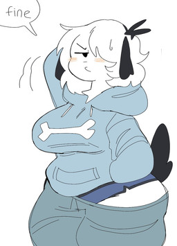 anthro black_ears black_tail blue_clothing blue_hoodie blue_topwear blue_underwear blush bodily_fluids bone bottomwear bottomwear_down clothed clothing female fur grey_bottomwear grey_clothing grey_pants grumpy hair hand_behind_head hand_in_pocket hoodie looking_away monotone_body monotone_fur oversized_bottomwear oversized_clothing oversized_pants pants pants_down partially_clothed pockets sagging_pants short_hair simple_background slightly_chubby slightly_chubby_female solo speech_bubble streetwear sweat tail text tomboy topwear underwear wardrobe_malfunction white_background white_body white_fur white_hair puppkittyfan1 pepper_(fawnpawss) canid canine canis domestic_dog mammal 2021 digital_media_(artwork) english_text hi_res portrait three-quarter_portrait
