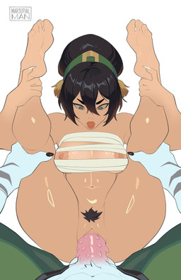 anthro areola bandage bandaged_chest black_claws black_hair black_pubes black_striped_fur blind bottomwear breasts claws clothing colored_nails disability duo female from_front_position fur genitals glistening glistening_body glistening_breasts glistening_skin green_bottomwear green_clothing green_hairband green_pants hair hair_bun lying male male/female medium_breasts missionary_position mostly_nude nails nipples on_back pants penetration penile_spines penis pink_penis pubes pubic_fuzz sex sharp_nails simple_background tan_body tan_skin vaginal vaginal_penetration white_background white_body white_fur white_nails marp avatar:_the_last_airbender nickelodeon toph_beifong animal_humanoid felid felid_humanoid human humanoid mammal mammal_humanoid pantherine pantherine_humanoid tiger_humanoid 2026 absurd_res hi_res signature